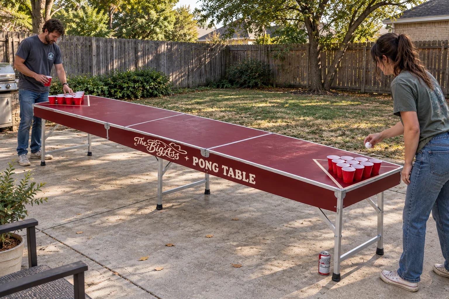 Two adults setting up the extra-long Big Ass Pong Table on an ordinary backyard patio