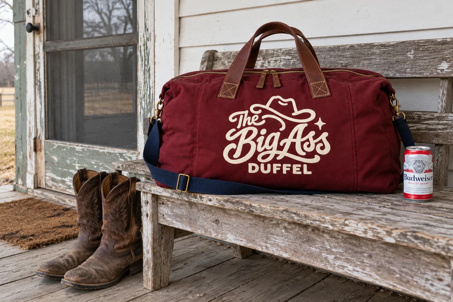 Burgundy Big Ass Duffel on a worn porch bench beside ordinary cowboy boots and a scale can