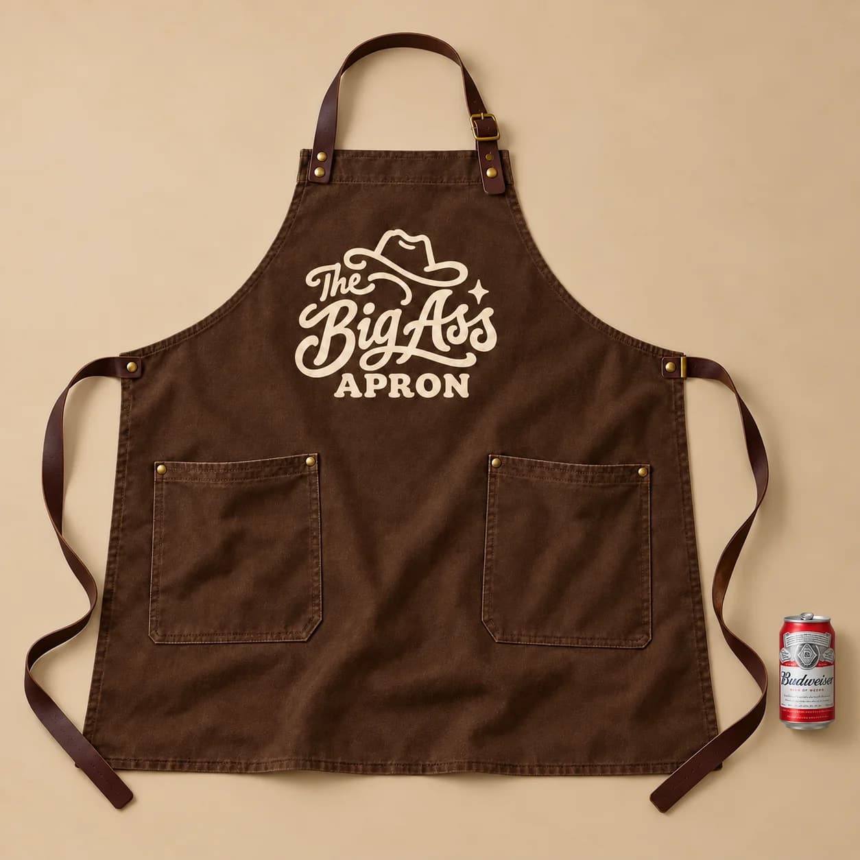 Substantial canvas Big Ass Apron with branded front and pockets.