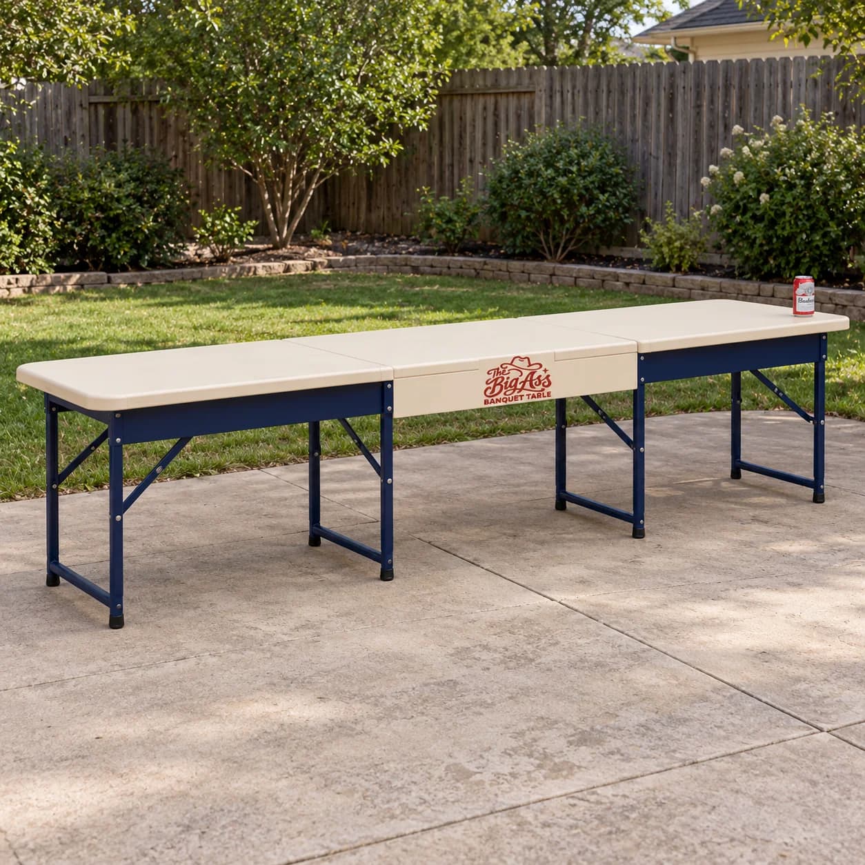 Long sectional folding banquet table with a broad serving surface.