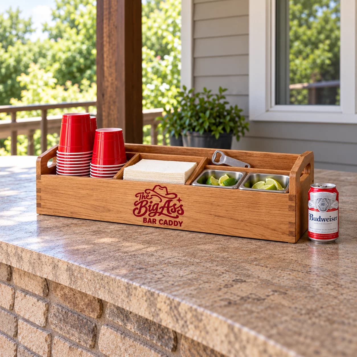 Wide wooden Big Ass Bar Caddy with divided compartments for serving supplies.