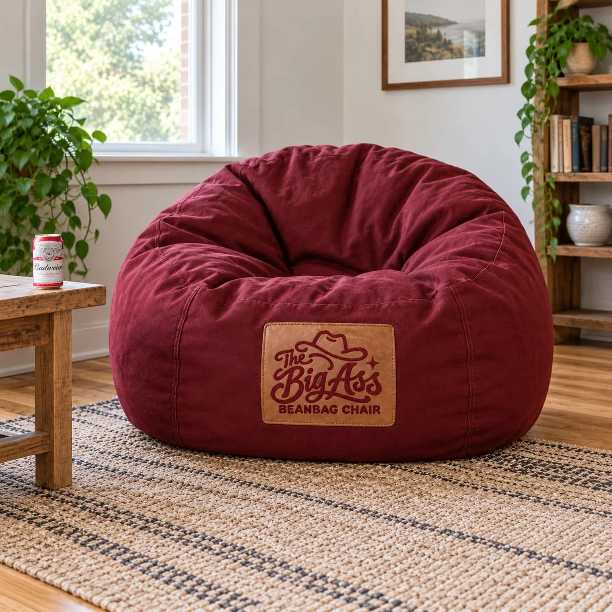 Large canvas Big Ass Beanbag Chair with stitched leather patch.