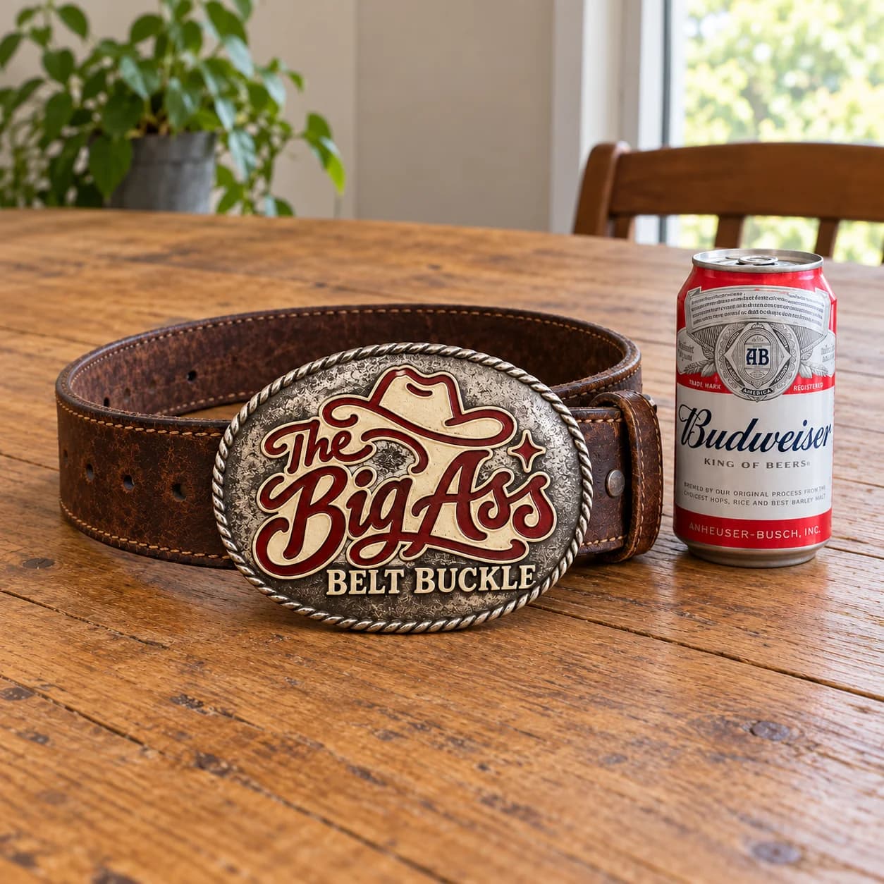 Large Western belt buckle with raised Big Ass lettering.
