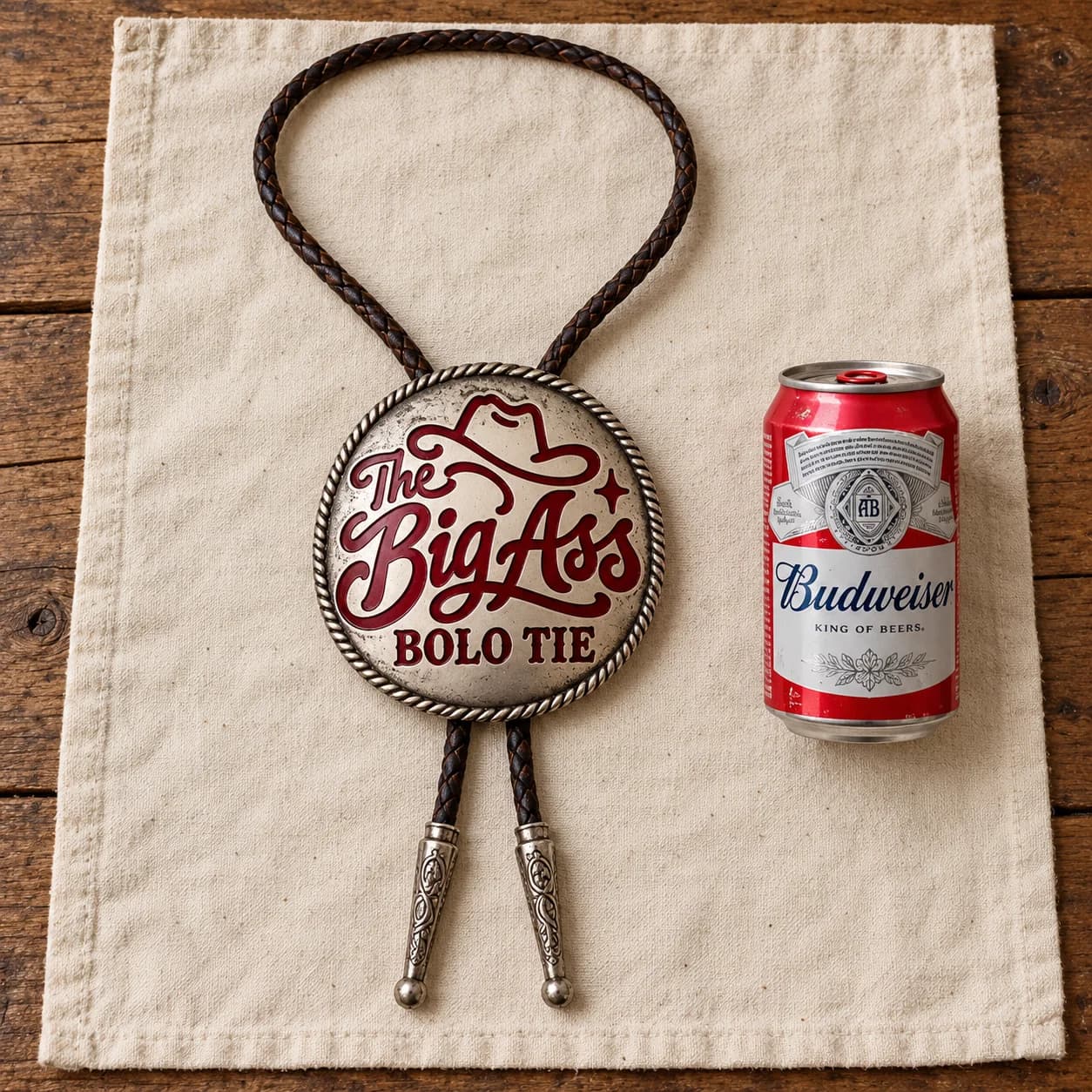 Oversized Western bolo tie with a large branded centerpiece and cord.
