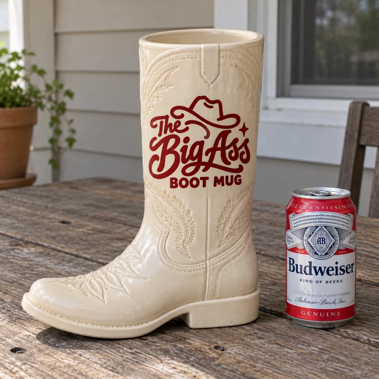 Large Big Ass Boot Mug shaped like a cowboy boot with molded stitching.