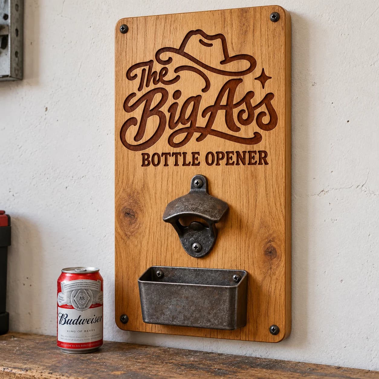 Oversized wall-mounted Big Ass Bottle Opener with a standard-size working opening.
