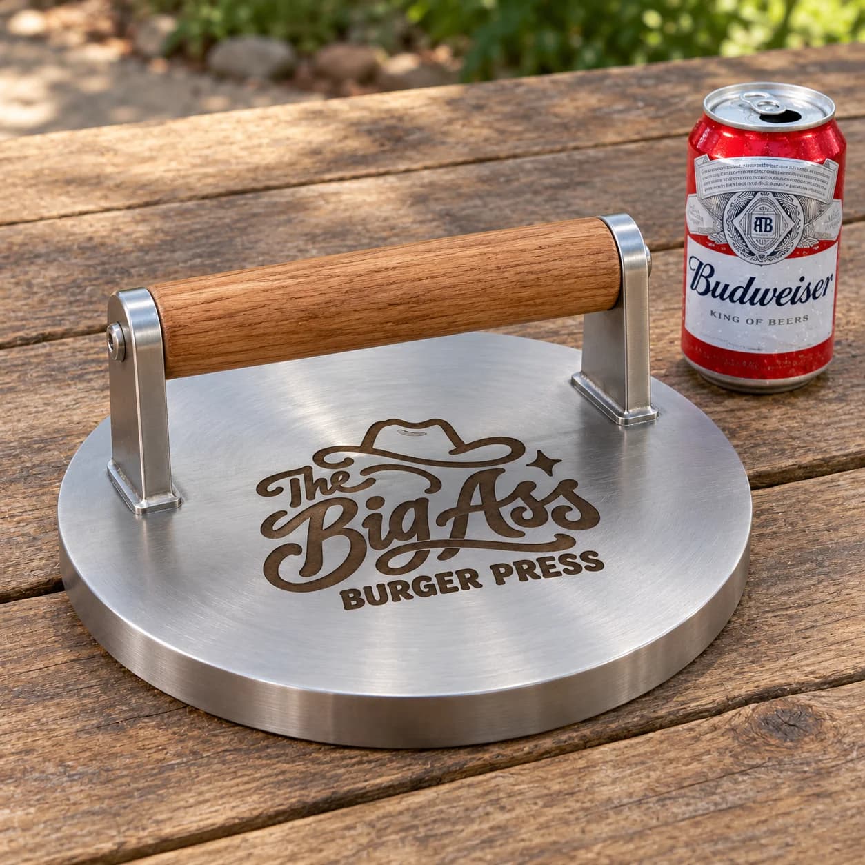 Broad round Big Ass Burger Press with an upper handle.