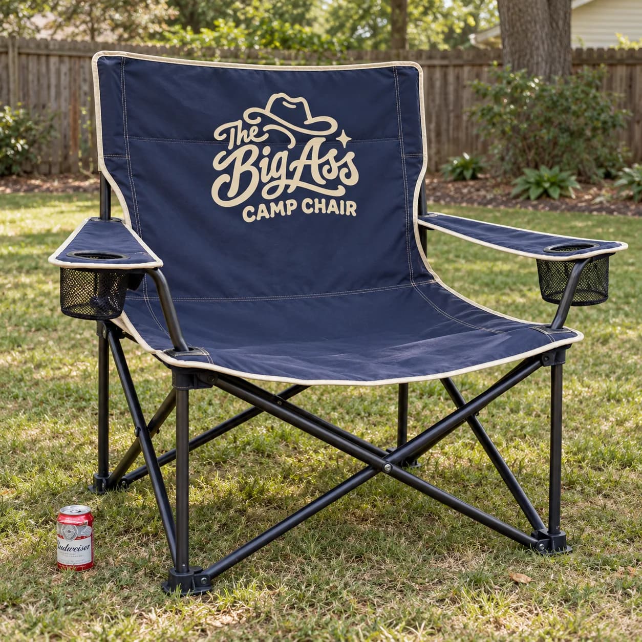 Extra-wide folding camp chair with fabric seat and drink holders.