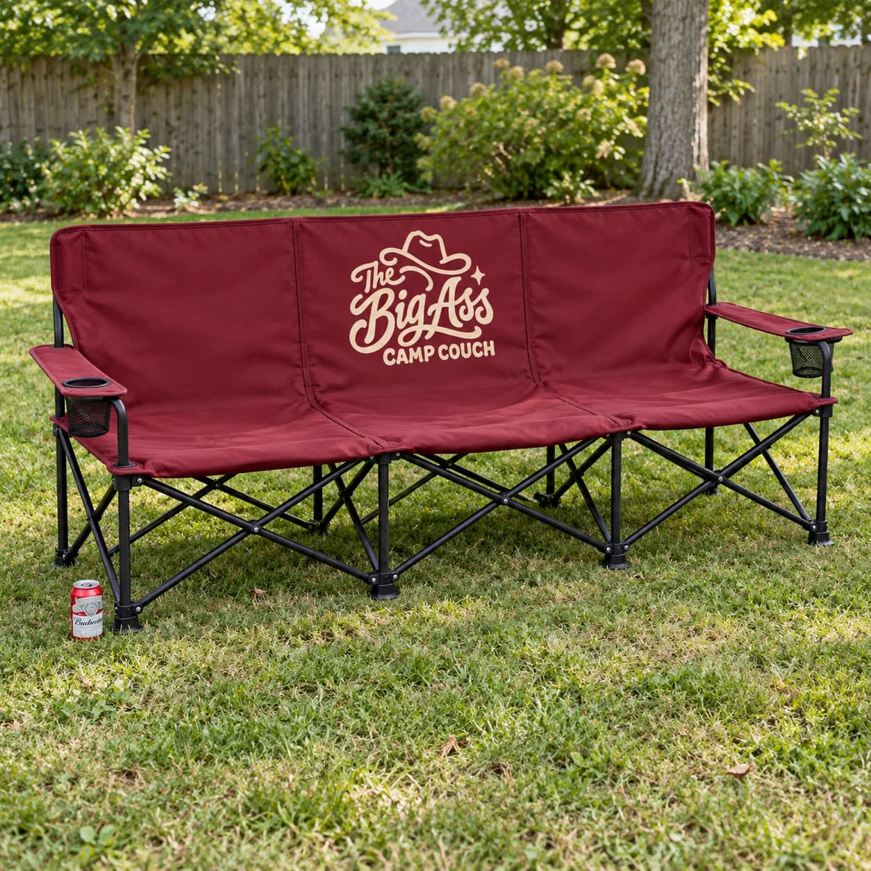 Long folding canvas camp couch with multiple seating positions.
