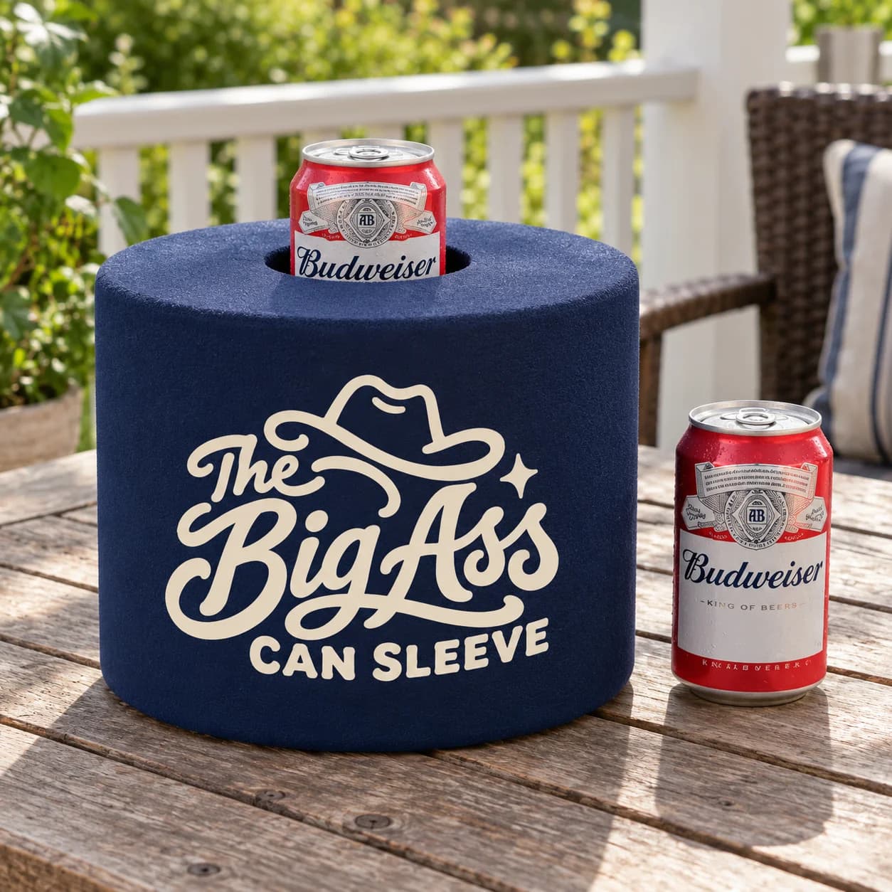 Thick oversized Big Ass Can Sleeve holding a normal Budweiser can.