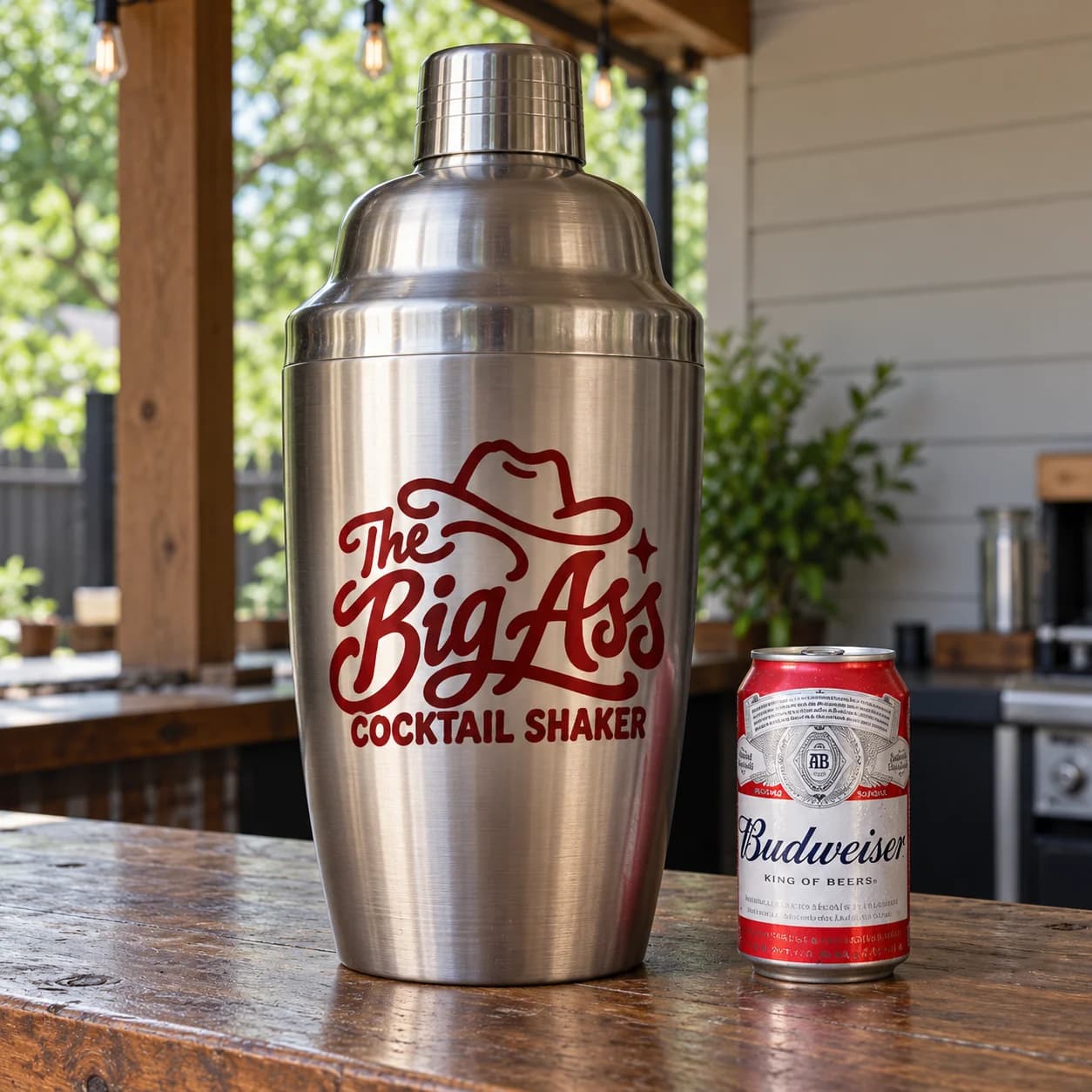 Oversized metal Big Ass Cocktail Shaker with its branded mixing body.