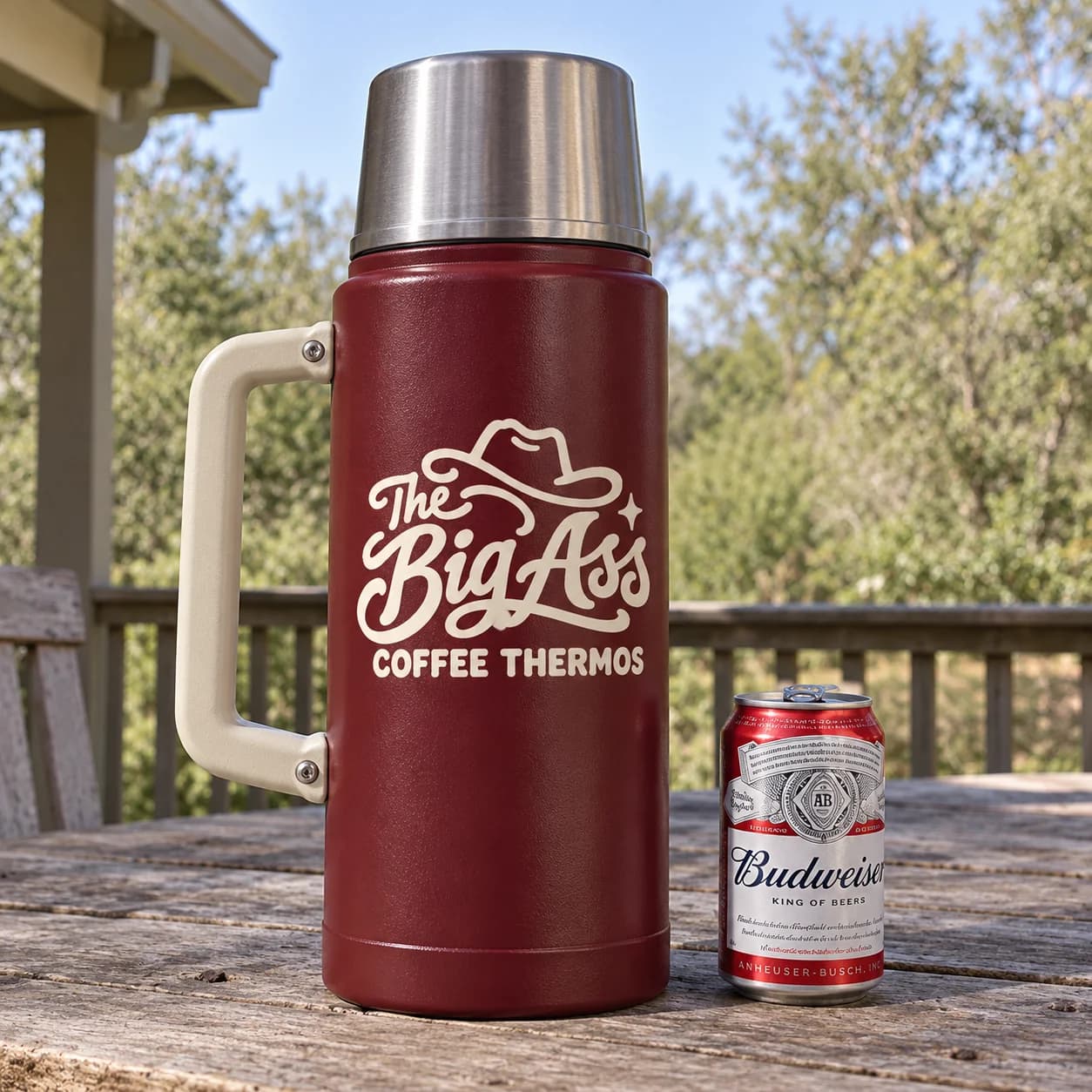 Large Big Ass Coffee Thermos with an oversized cup lid.