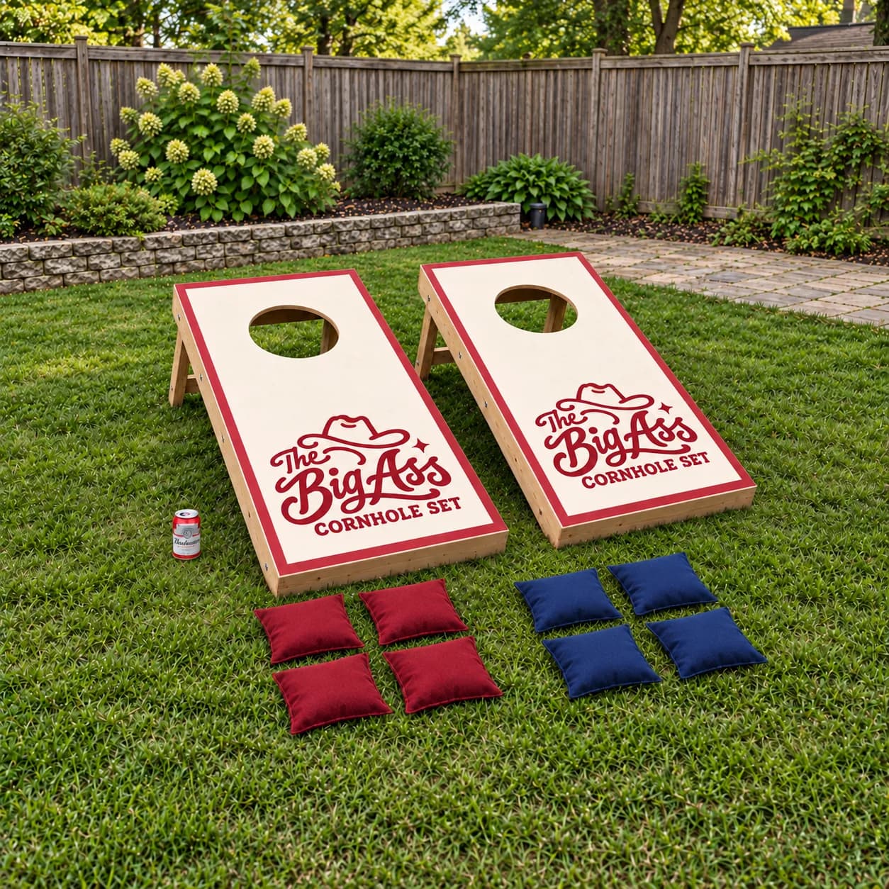 Large branded wooden cornhole boards and bags with a Budweiser can showing scale.