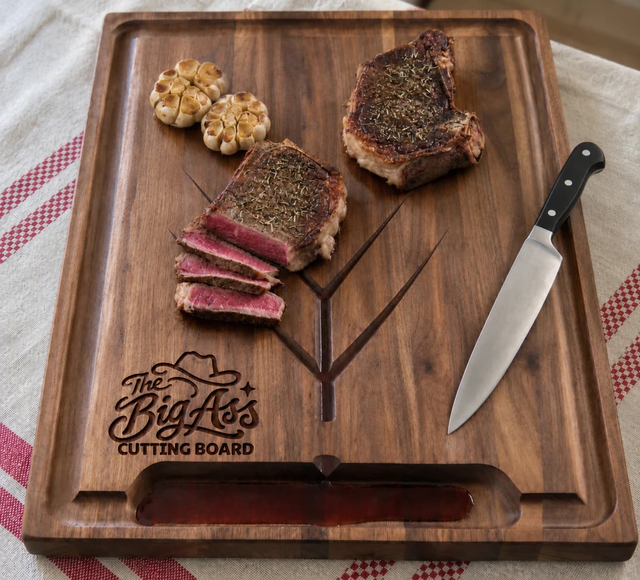 Large engraved Big Ass Cutting Board with routed juice channels.