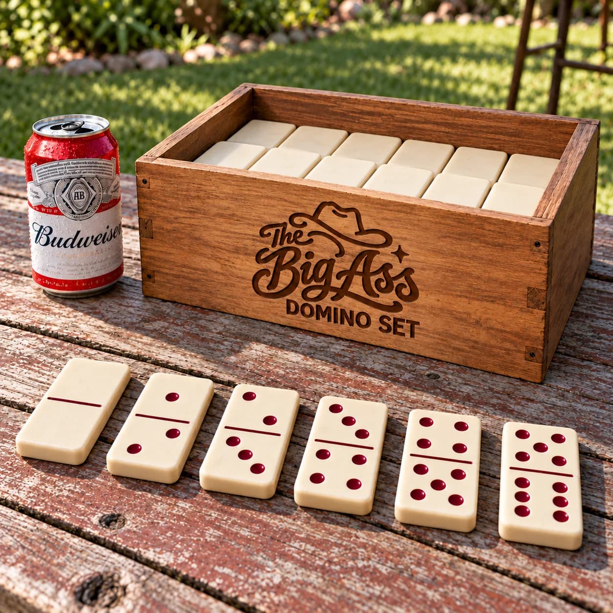 Large Big Ass domino tiles displayed with a wooden storage box.