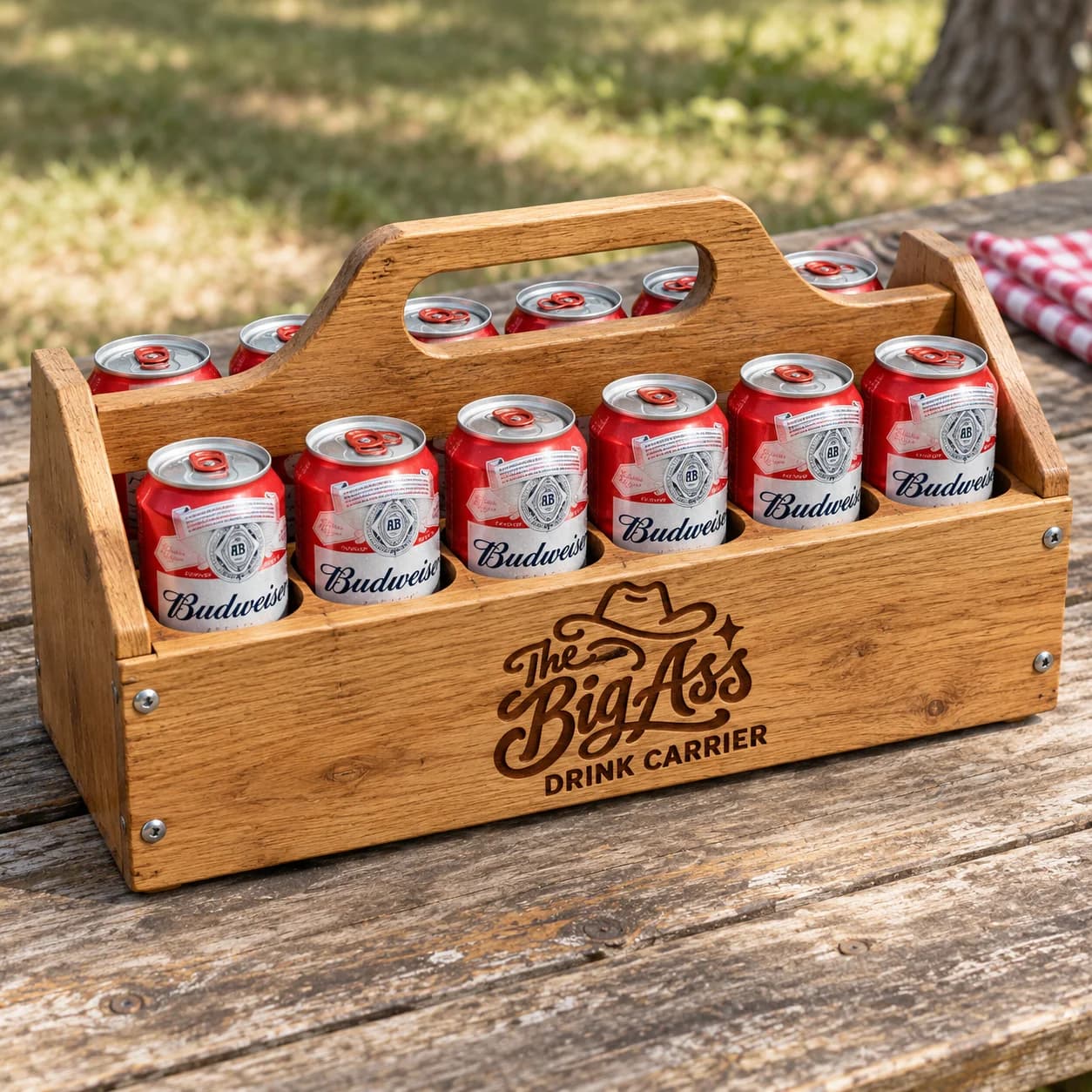 Wide wooden Big Ass Drink Carrier with individual drink slots and a central handle.
