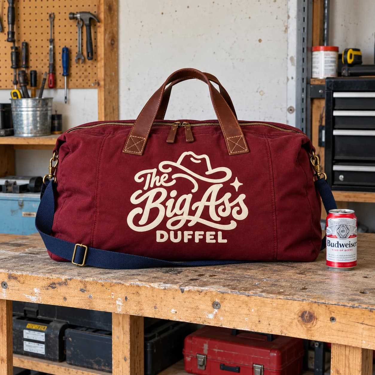 Large canvas Big Ass Duffel with leather handles.