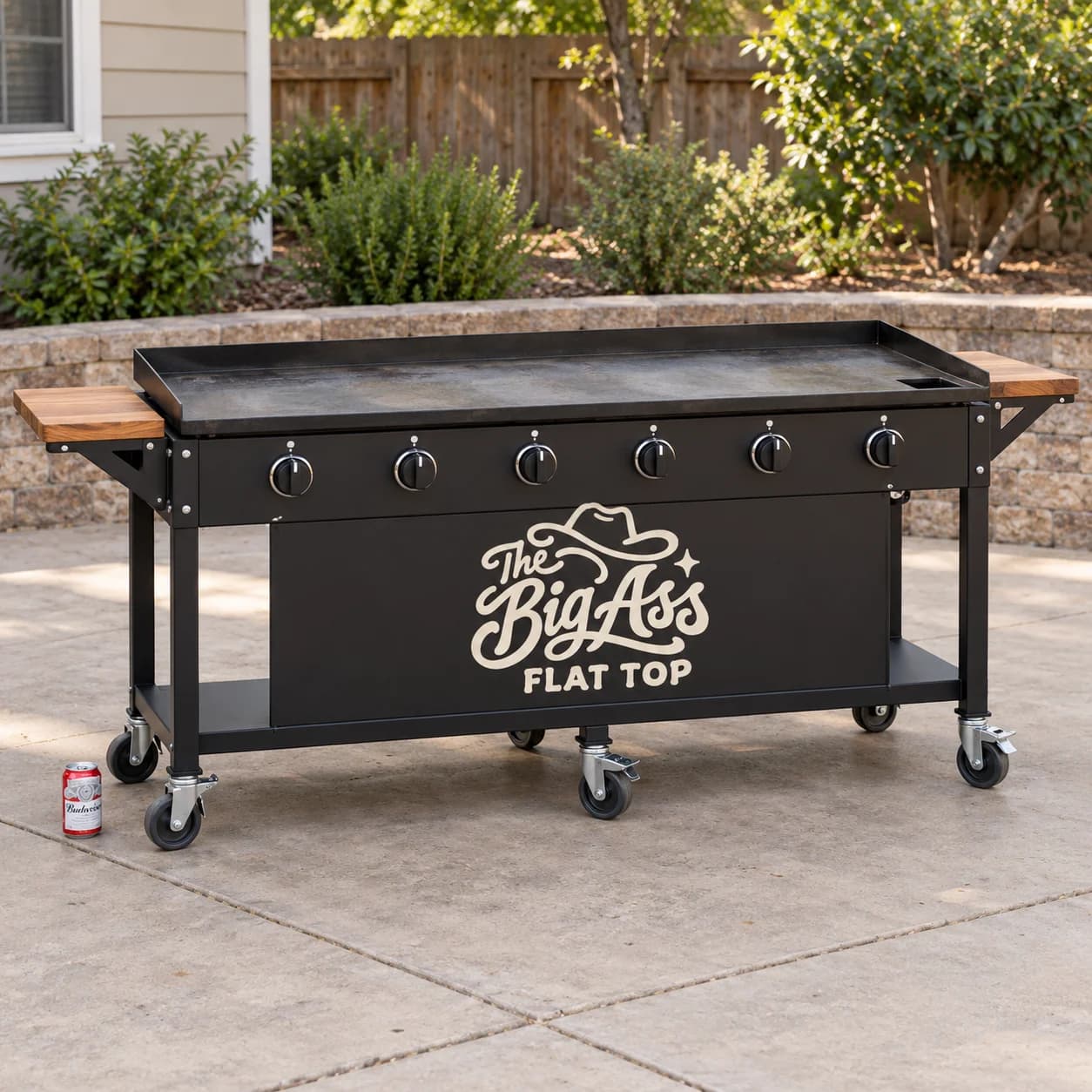 Long Big Ass Flat Top griddle with broad cooking plate and front controls.