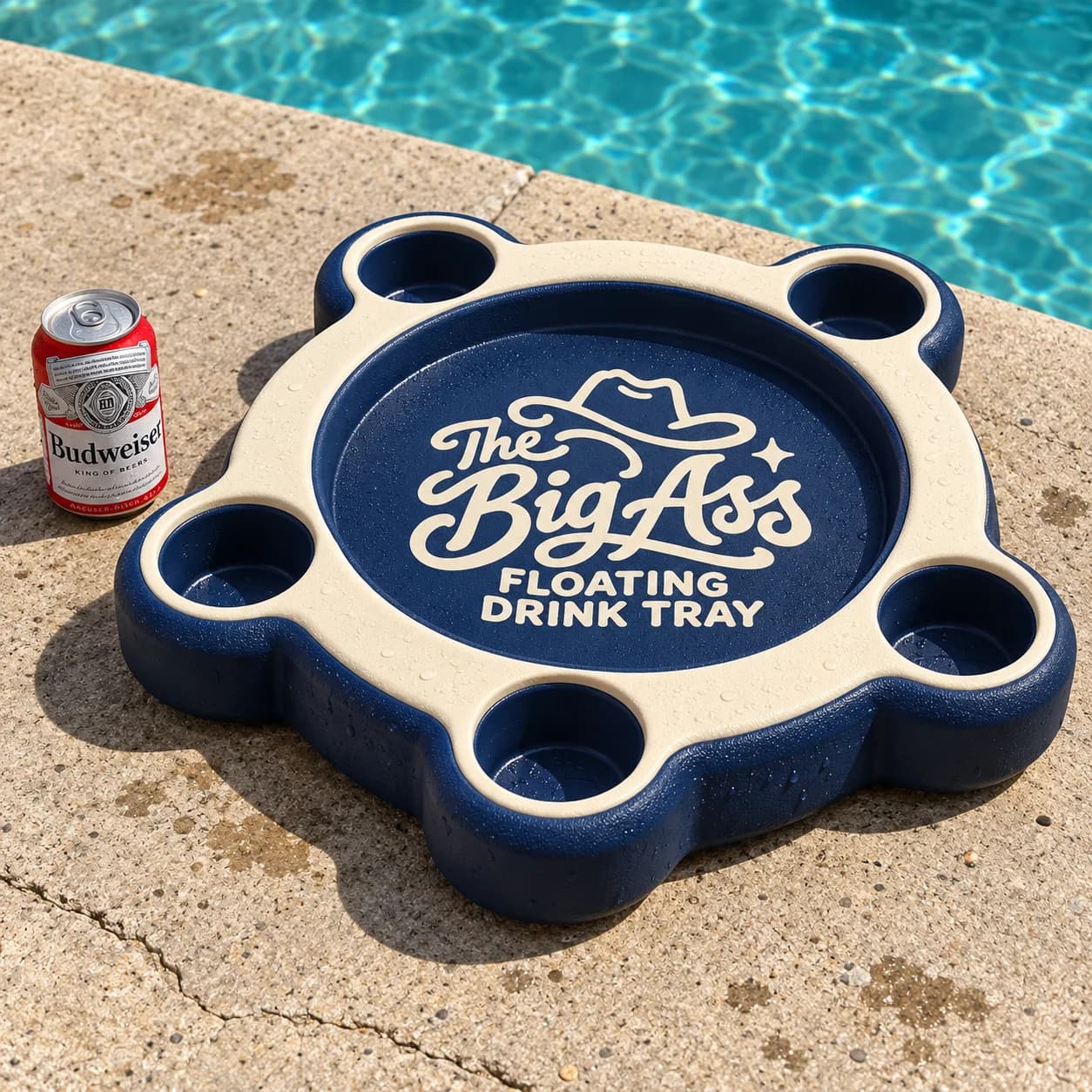 Broad Big Ass Floating Drink Tray with recessed beverage holders.