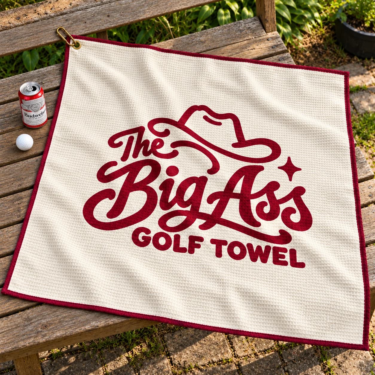 Waffle-textured Big Ass Golf Towel with visible branding.