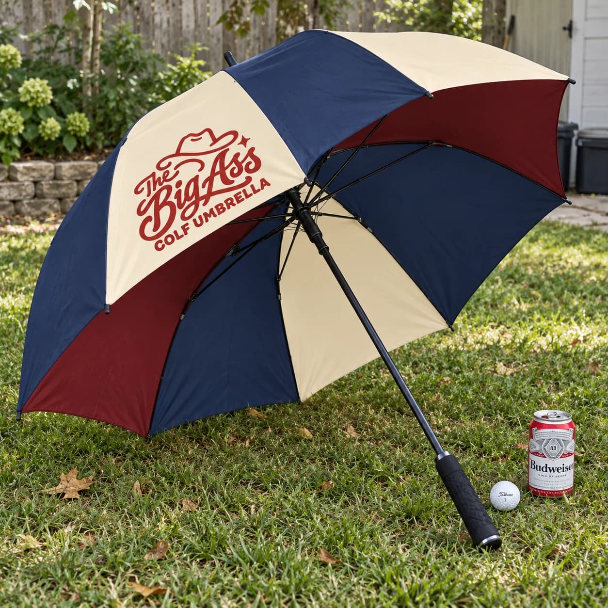 Broad cream, burgundy and navy Big Ass Golf Umbrella.