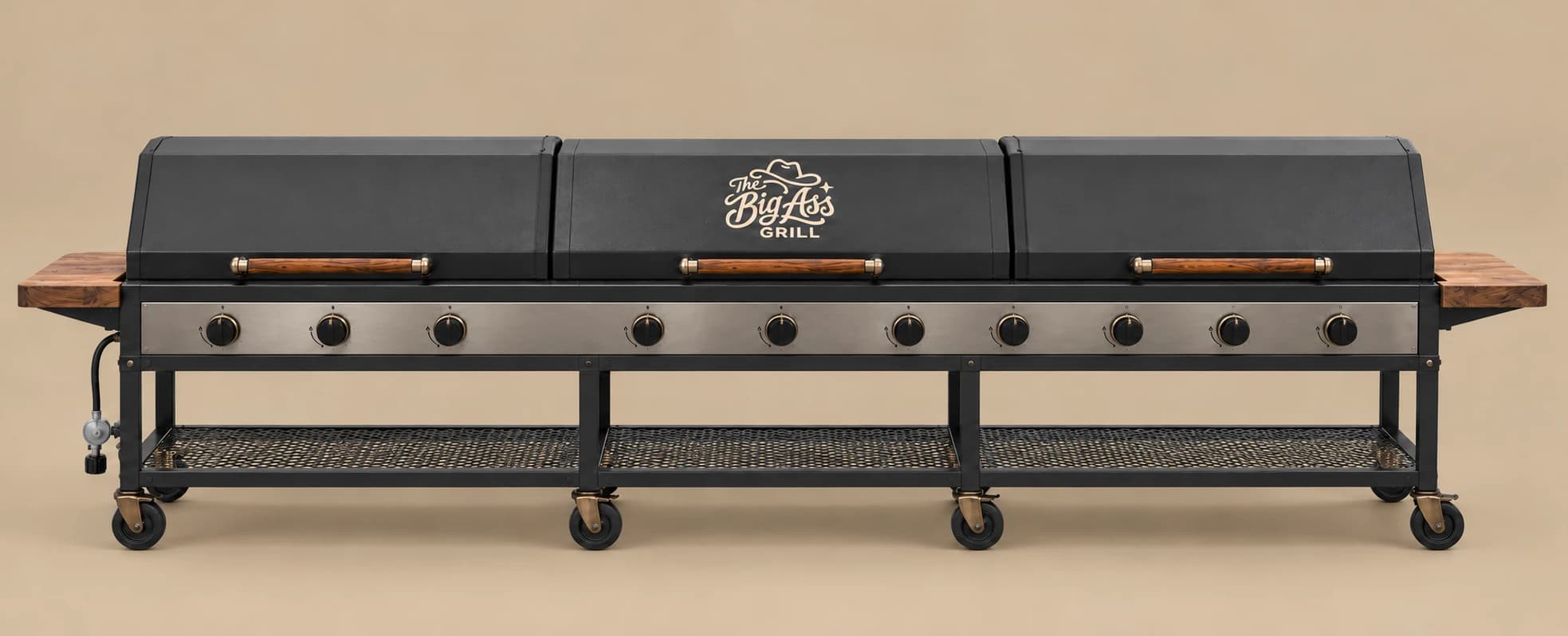 Extra-long Big Ass Grill with three lid sections and a branded front.