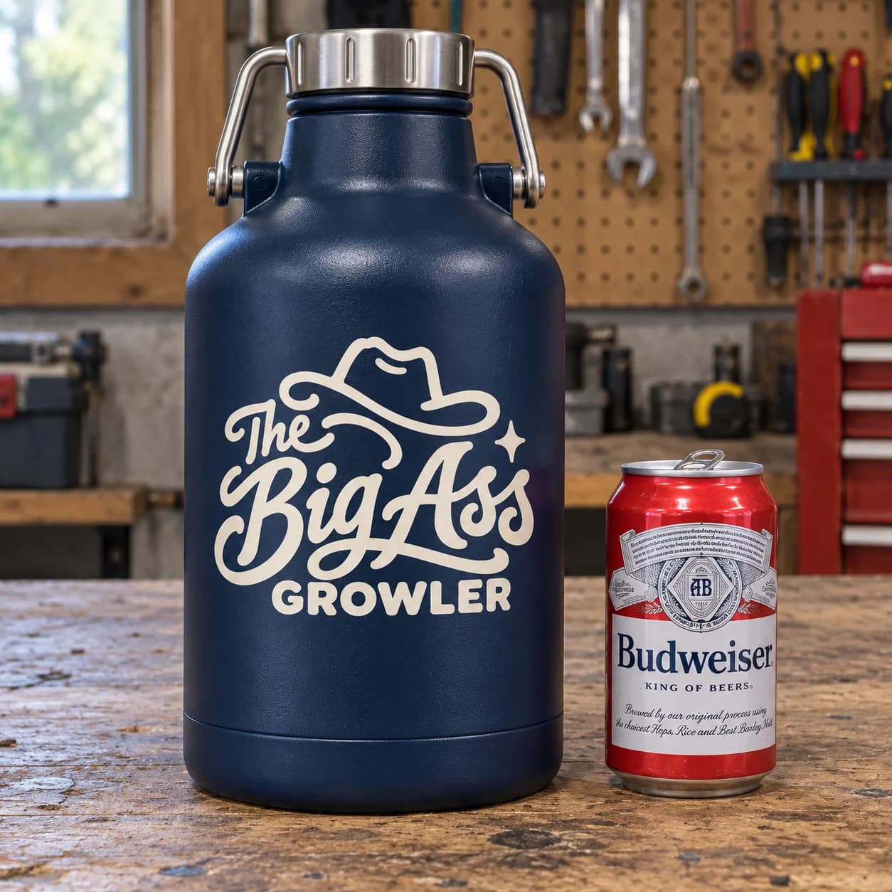 Large Big Ass Growler with a swing carry handle and branded body.