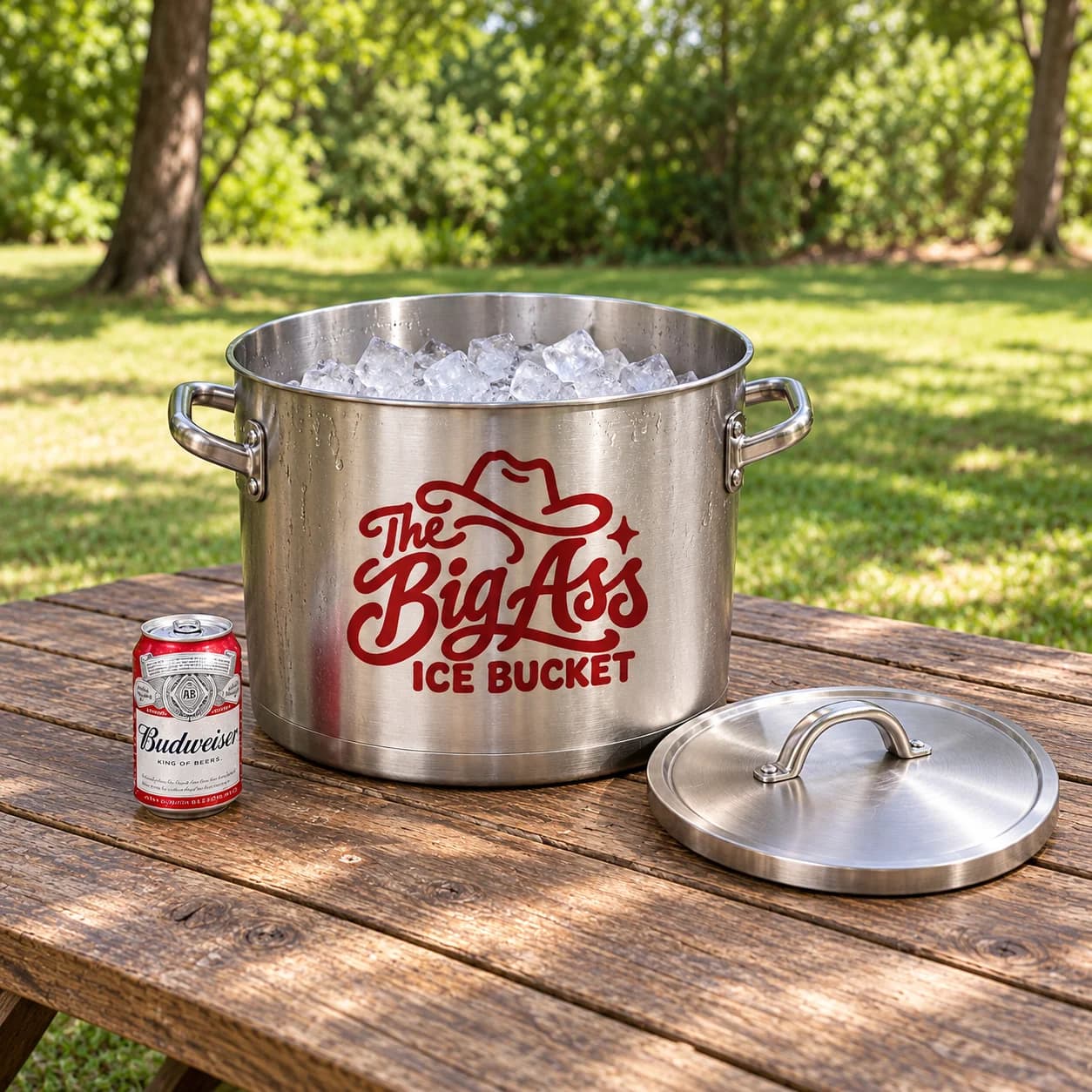 Large Big Ass Ice Bucket with side handles and its matching lid.