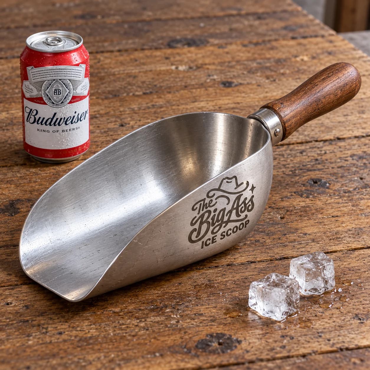 Broad steel Big Ass Ice Scoop with a wooden handle.