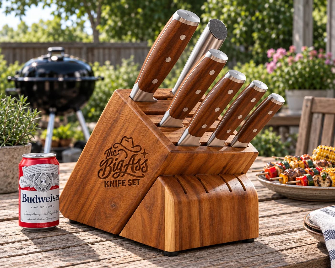 Substantial wooden Big Ass Knife Set block with wooden-handled knives.