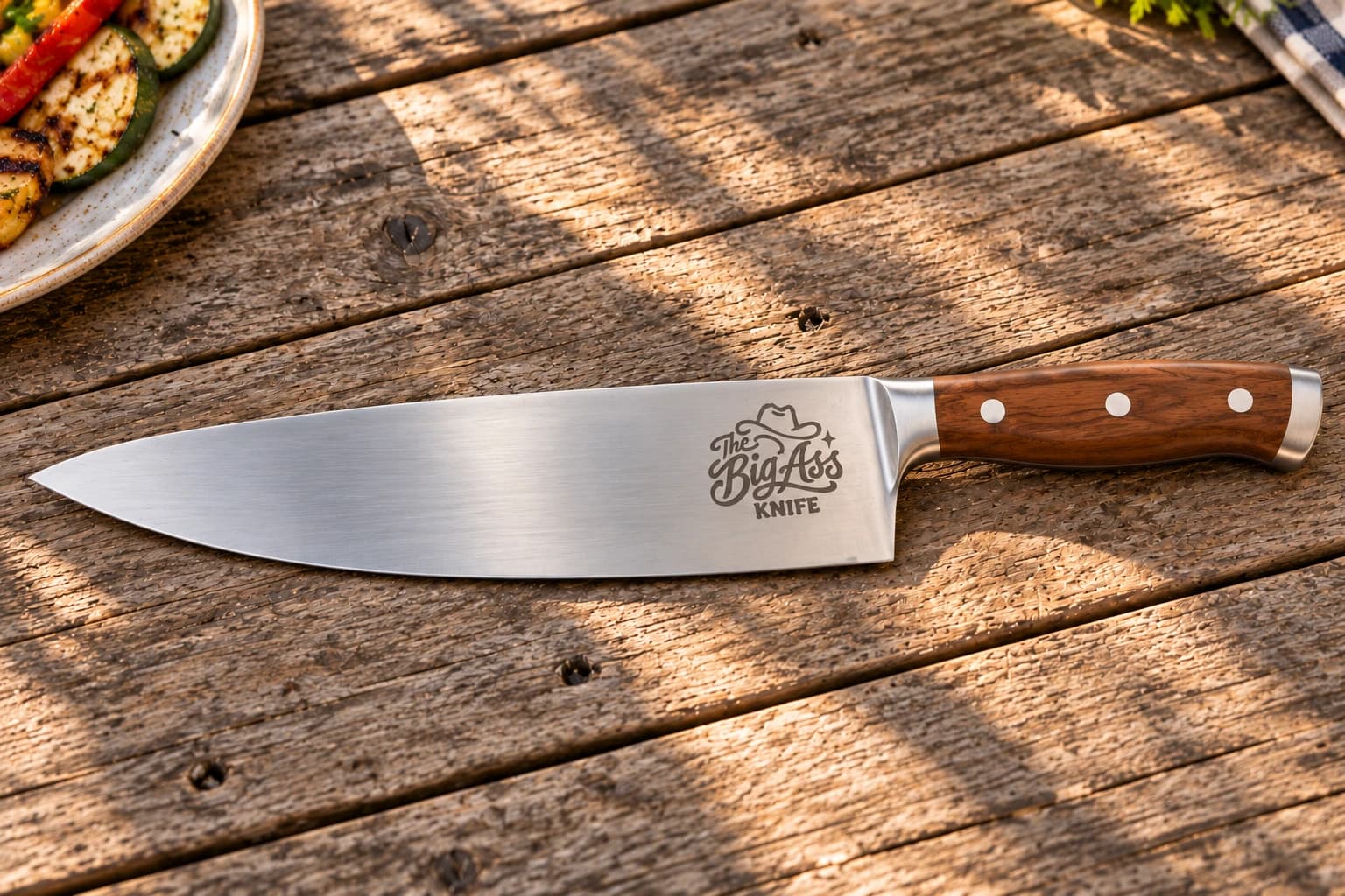 Large Big Ass chef knife with a broad steel blade and wooden handle.