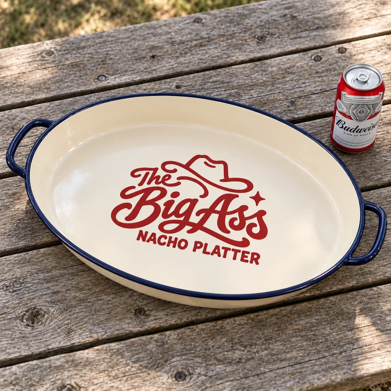 Broad Big Ass Nacho Platter with raised edges and side handles.