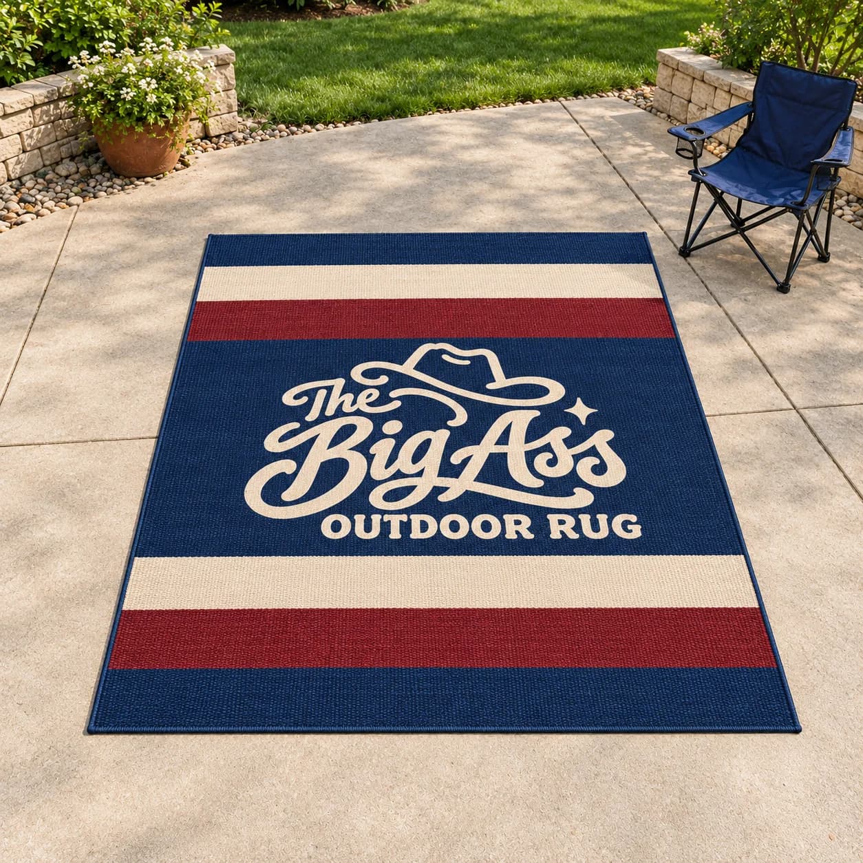 Large striped outdoor rug in the Big Ass Company palette.