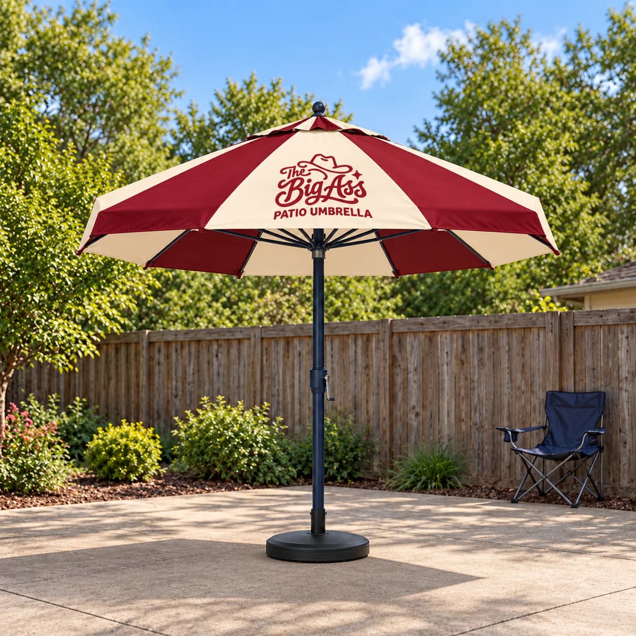 Broad cream-and-burgundy patio umbrella with visible supporting pole.