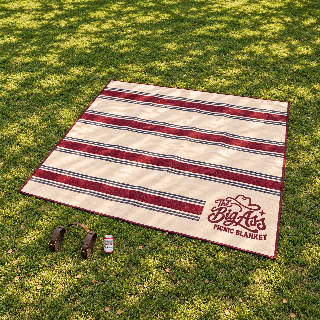 Large Big Ass picnic blanket spread across outdoor ground.