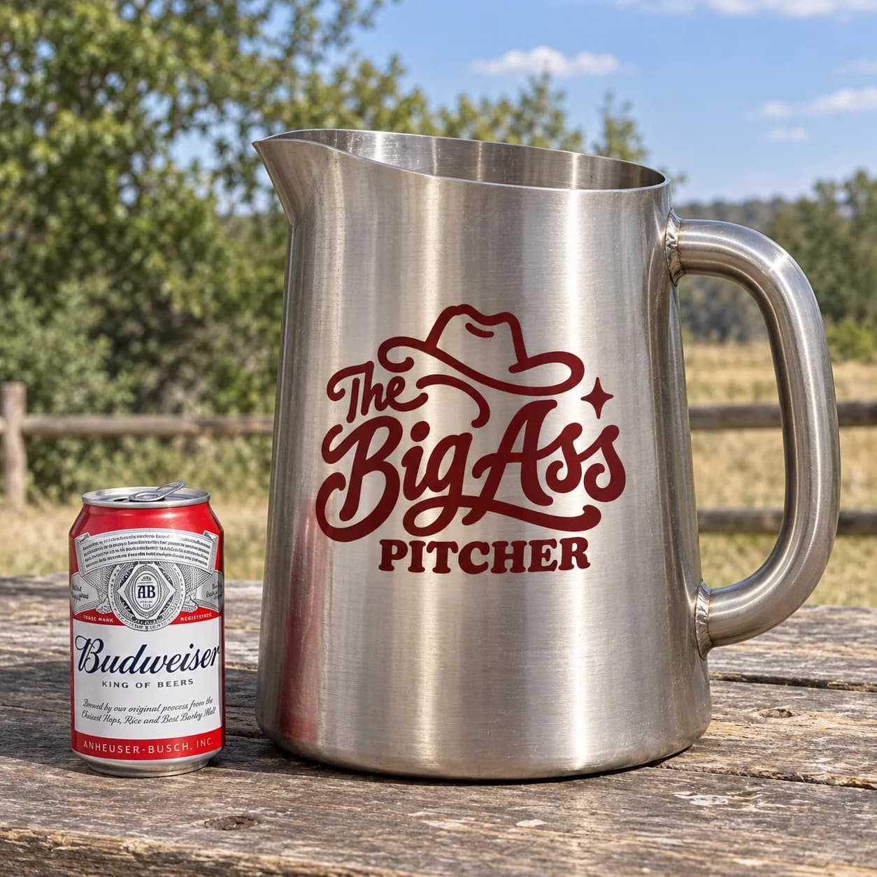 Large branded Big Ass Pitcher with a broad body and carrying handle.
