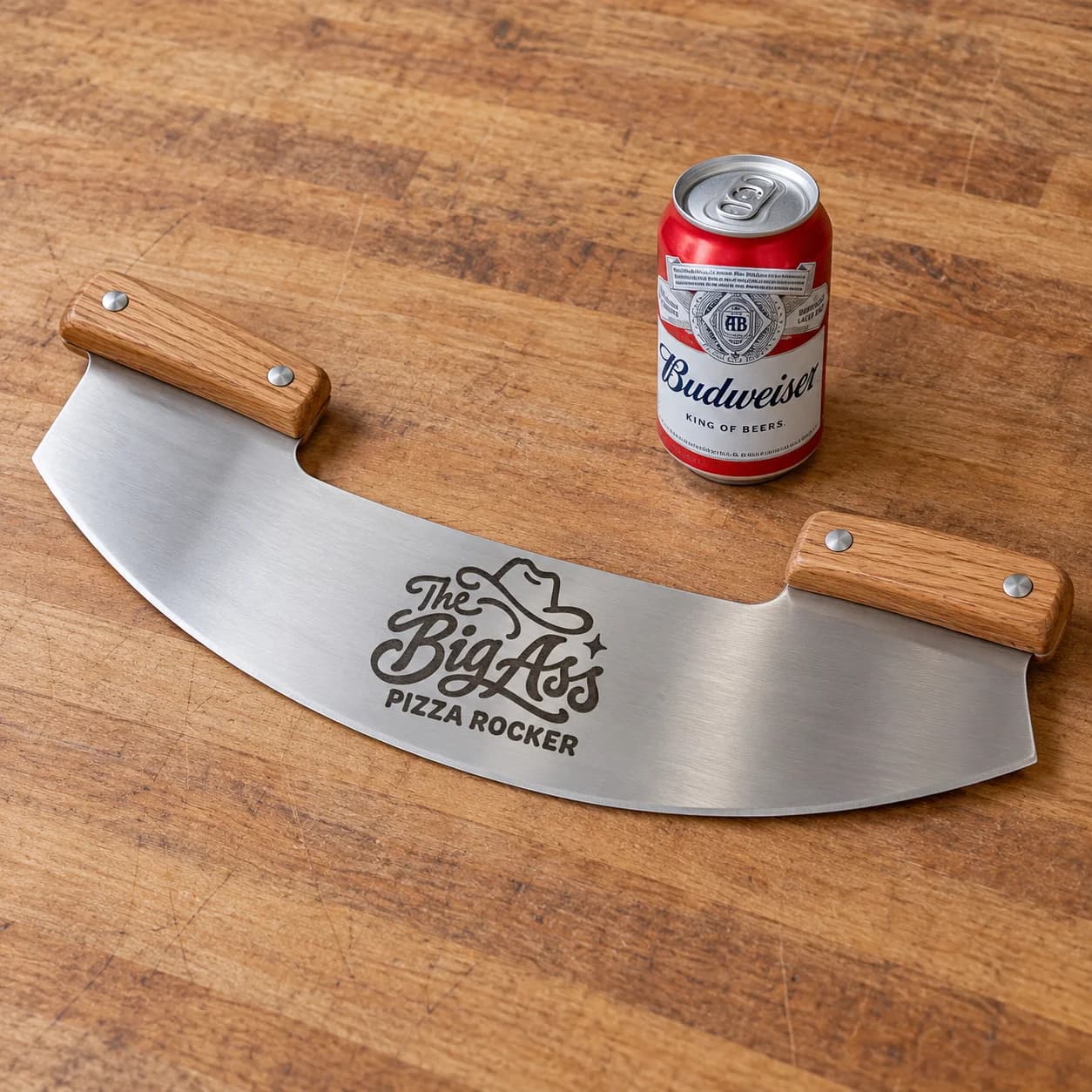 Wide Big Ass Pizza Rocker with curved steel blade and two wooden grips.