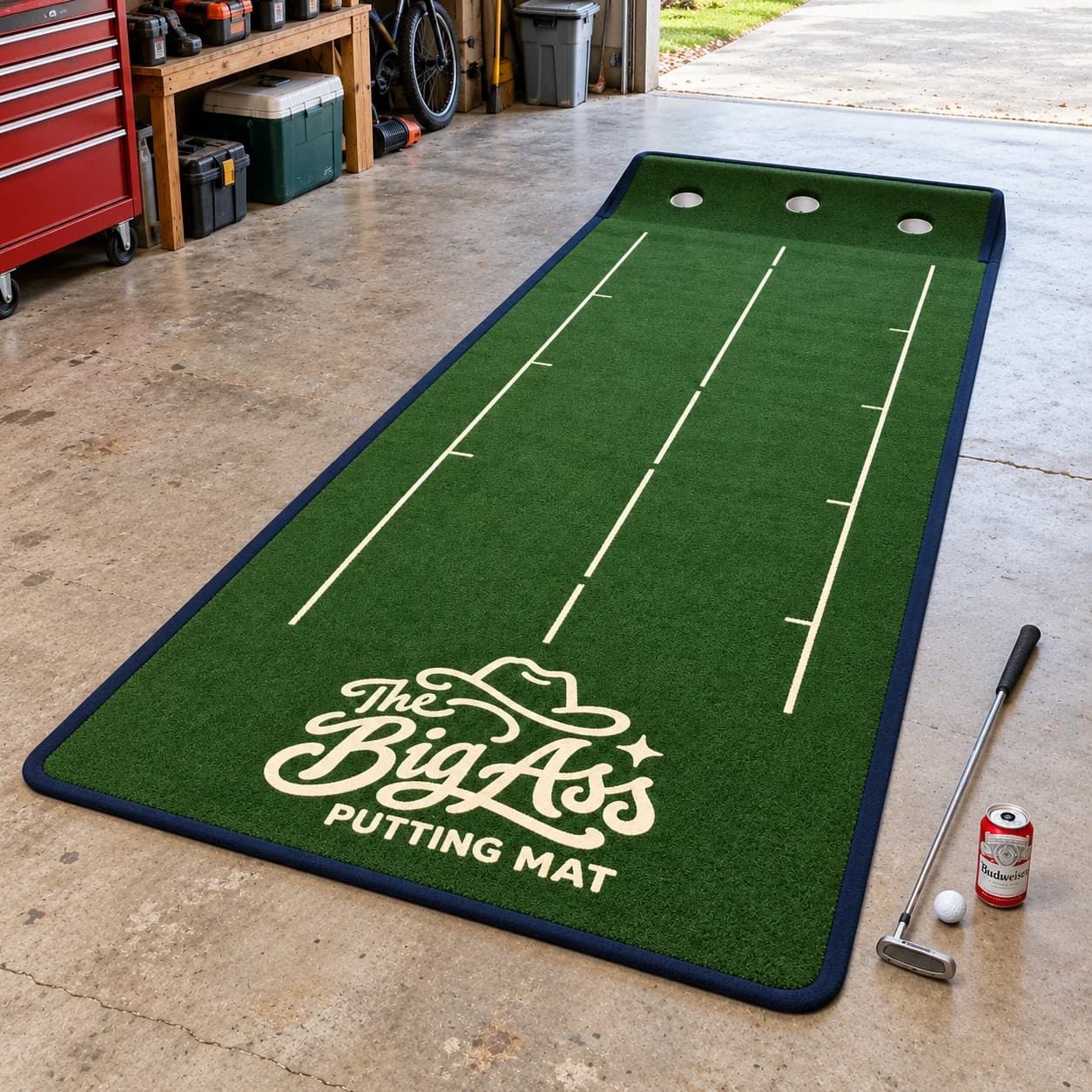 Wide Big Ass Putting Mat with multiple target holes.
