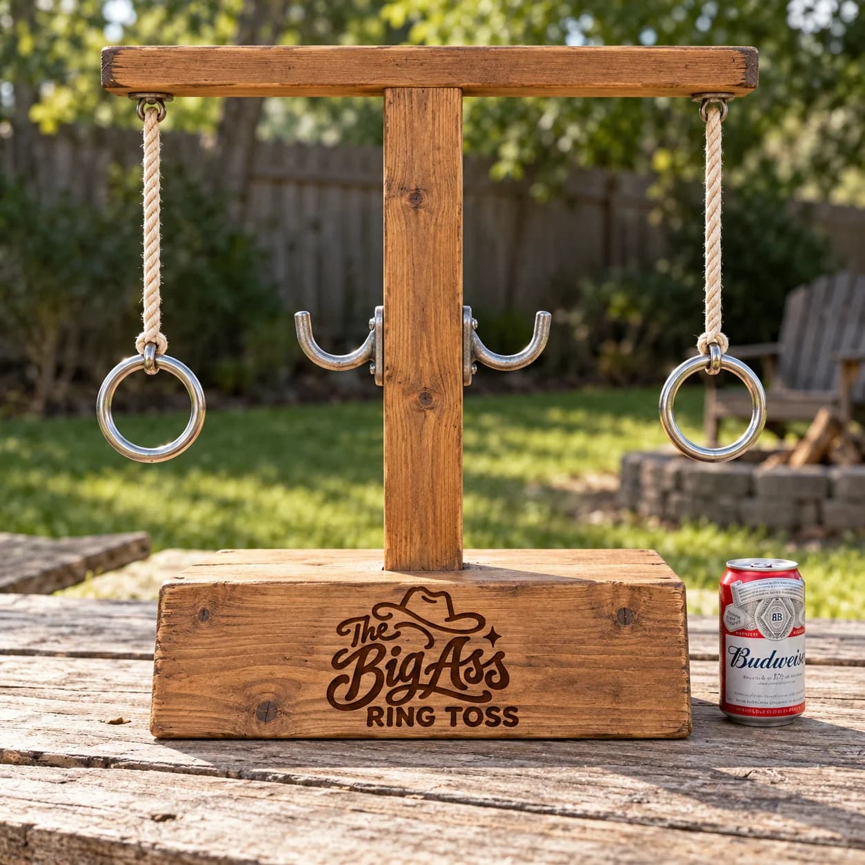 Large wooden Big Ass Ring Toss frame with thick suspended ropes and rings.