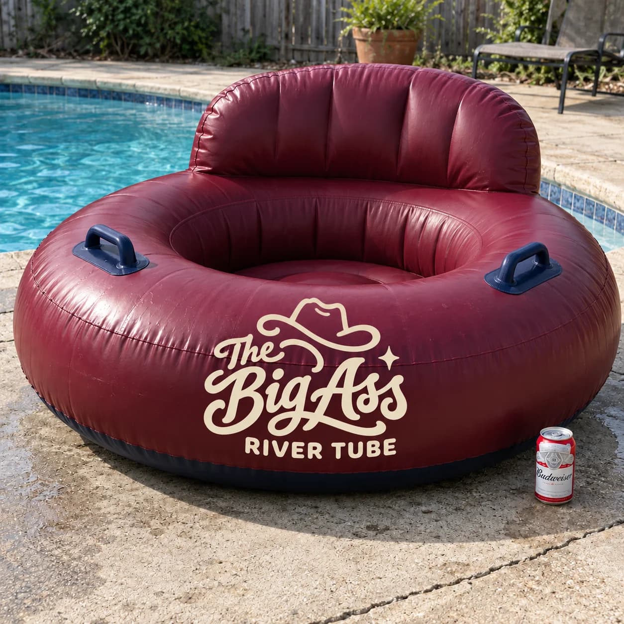 Roomy Big Ass River Tube with backrest and grab handles.
