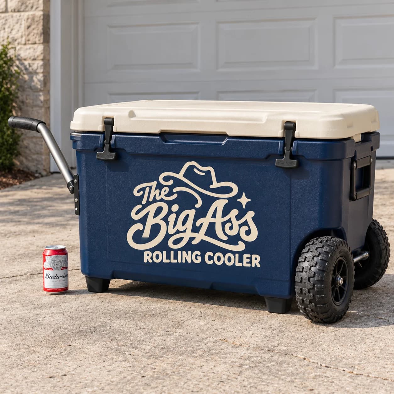 Large Big Ass Rolling Cooler with wheels and an extended tow handle.