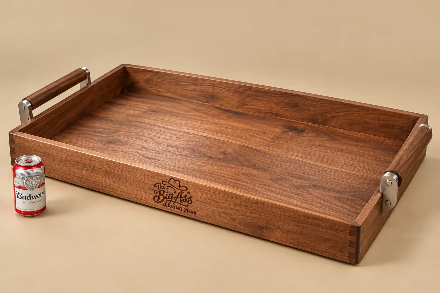 Large wooden Big Ass Serving Tray with engraved product branding.