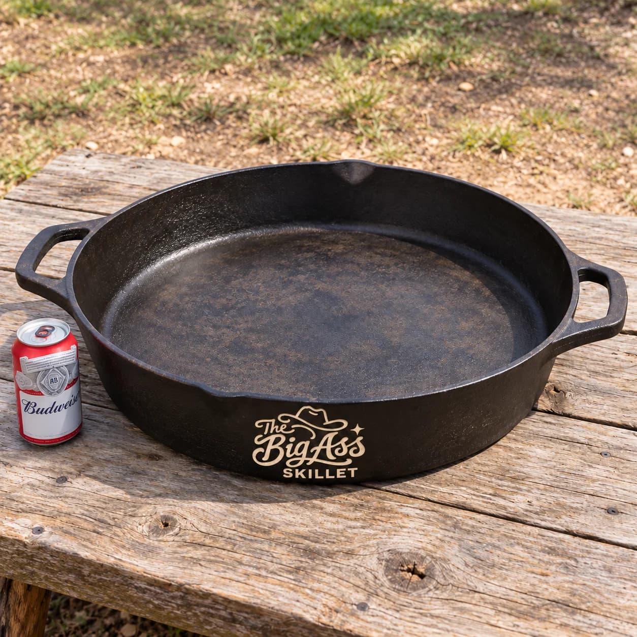 Large Big Ass cast-iron skillet with helper handles.