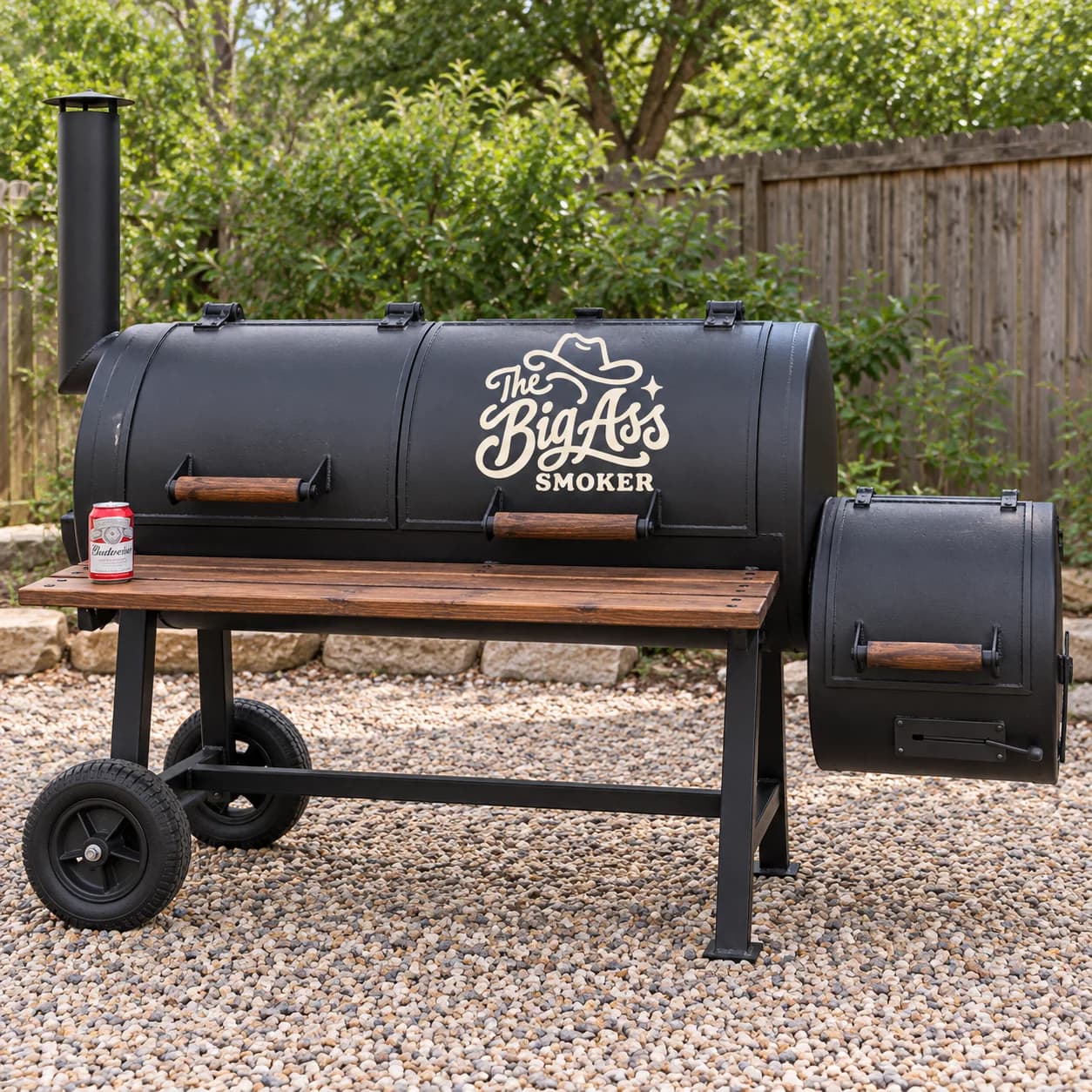 Extended Big Ass offset smoker with separate firebox and broad shelf.