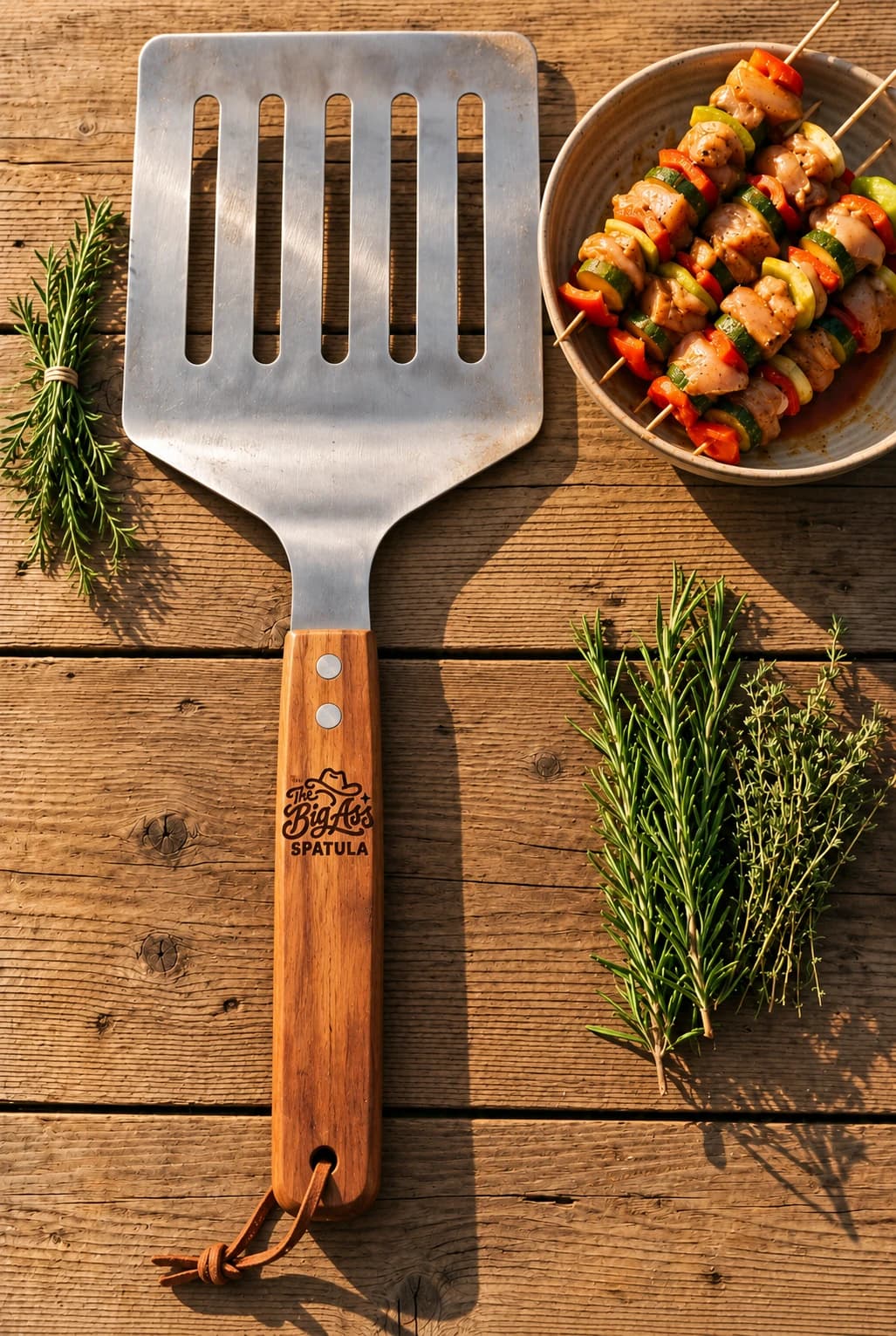 Broad steel Big Ass Spatula with a long wooden handle.