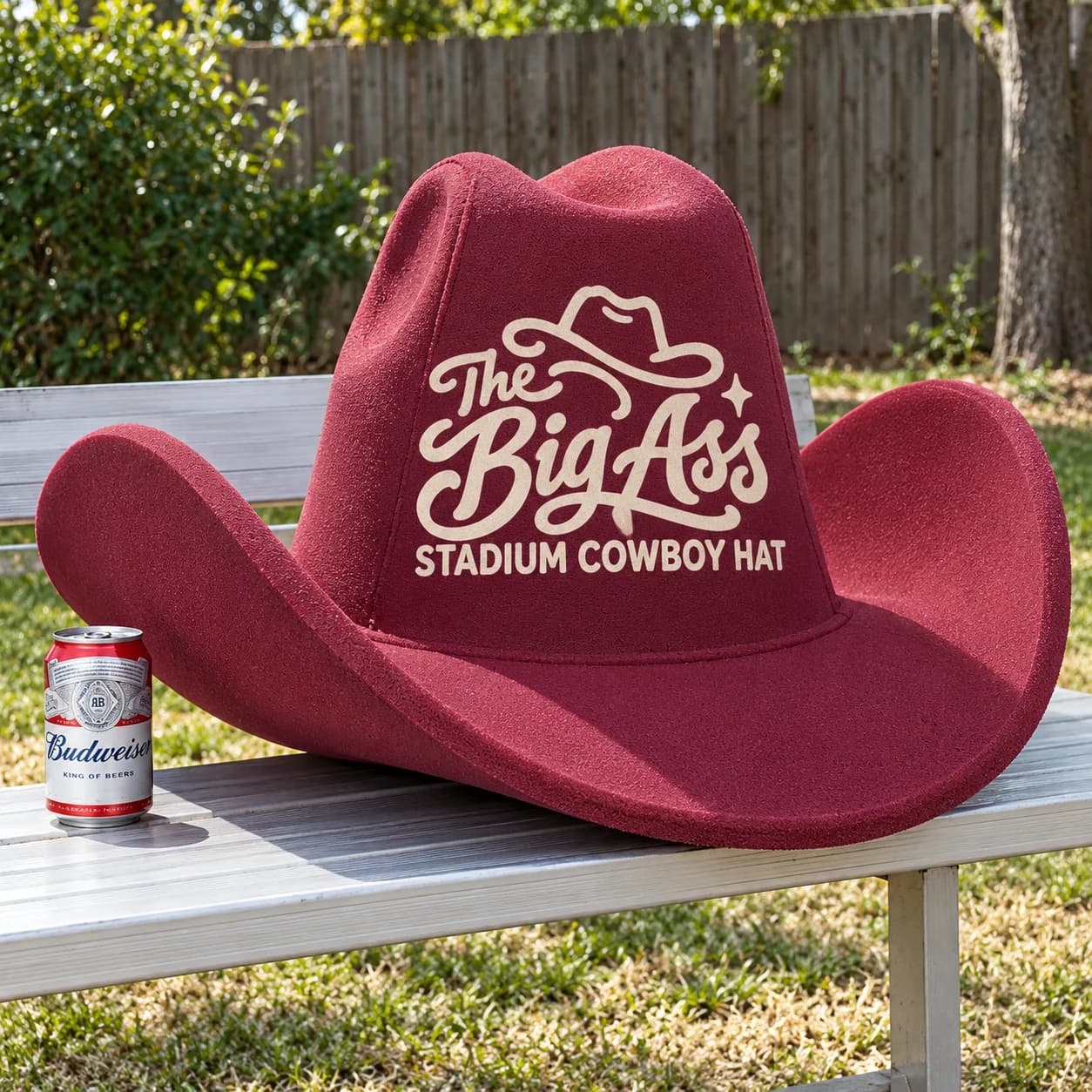 Large foam cowboy hat with exaggerated brim and company-style branding.