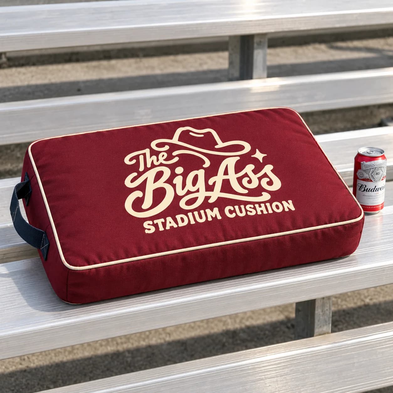 Extra-wide padded Big Ass stadium cushion with carrying handle.