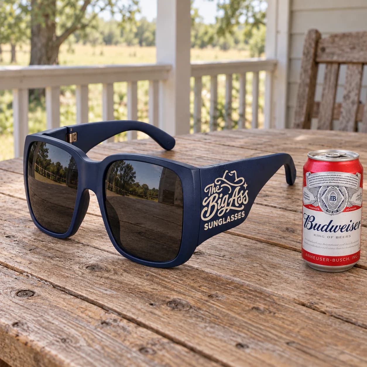 Exaggerated wraparound sunglasses with a broad frame.