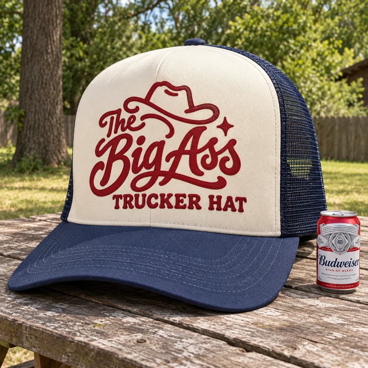 Oversized trucker hat with a tall branded front panel and extended bill.