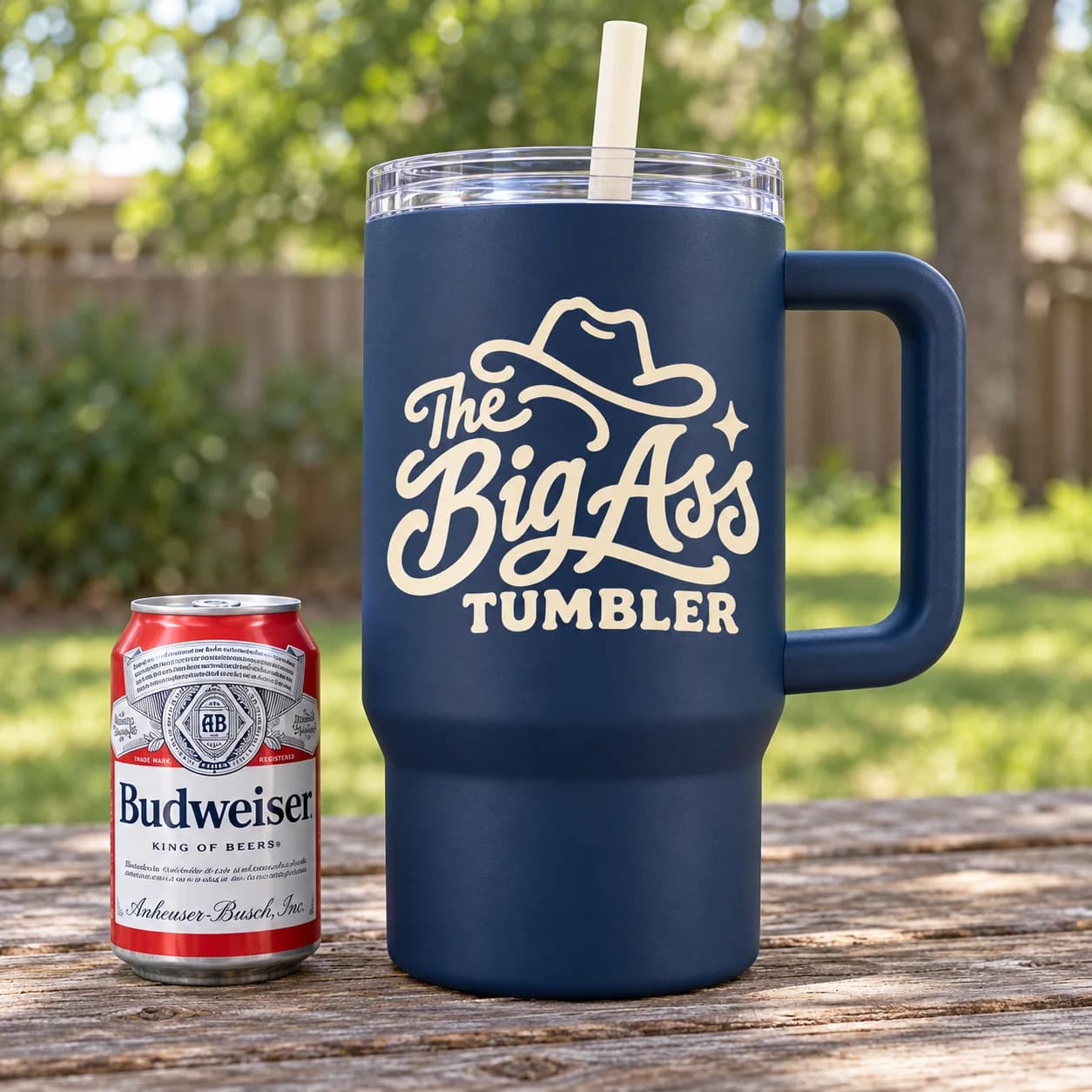 Large handled Big Ass Tumbler with a broad base and branded side.